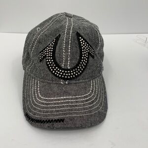 True Religion baseball hat cap gray linen cotton silver stud embroidery XXX
